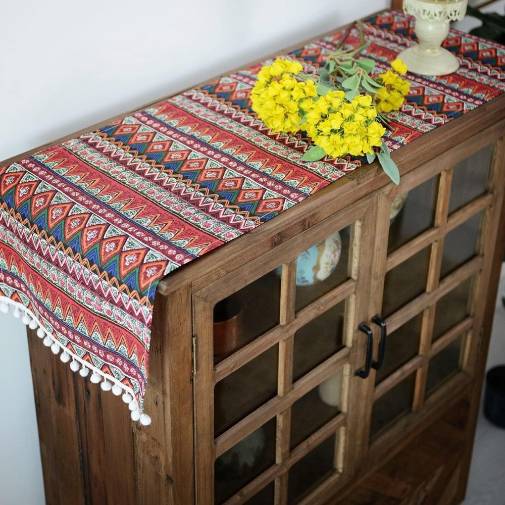 SUTAVIA Natural Cotton Lace Table Runner Black Floral Embroidery Beige Macrame T - Picture 3 of 7